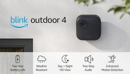 Blink Outdoor 4 (newest model), Wire-free smart security camera, two-year battery life, two-way audio, HD live view, enhanced motion detection, Works with Alexa – 3 camera system