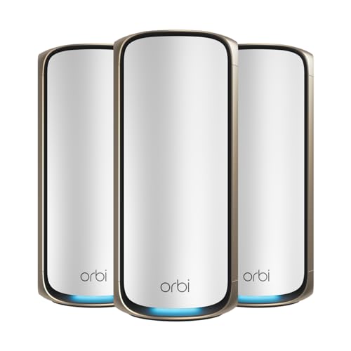 NETGEAR Orbi 970 Series Quad-Band WiFi 7 Mesh Network System (RBE973S), Router + 2 Satellite Extenders, Security Features, Up to 27Gbps, Covers Up to 10,000 sq. ft., 200 Devices, 10 Gig Internet Port