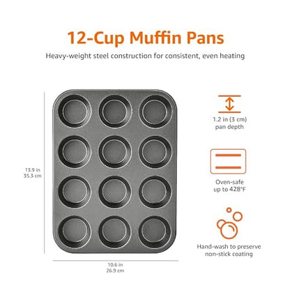 Amazon Basics Nonstick Round Muffin Baking Pan, 12 Cups, Set of 2, Gray, 13.9x10.55x1.22"