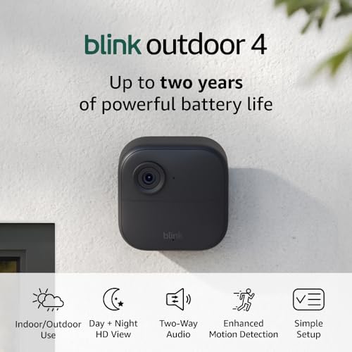 Blink Outdoor 4 (newest model), Wire-free smart security camera, two-year battery life, two-way audio, HD live view, enhanced motion detection, Works with Alexa – 3 camera system