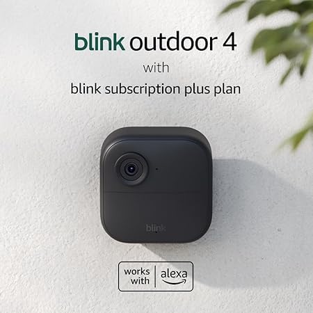 Blink Outdoor 4 (newest model), Wire-free smart security camera, two-year battery life, two-way audio, HD live view, enhanced motion detection, Works with Alexa – 3 camera system