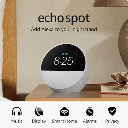 All-new Amazon Echo Spot (newest model), Great for nightstands, offices and kitchens, Smart alarm clock with Alexa, Black