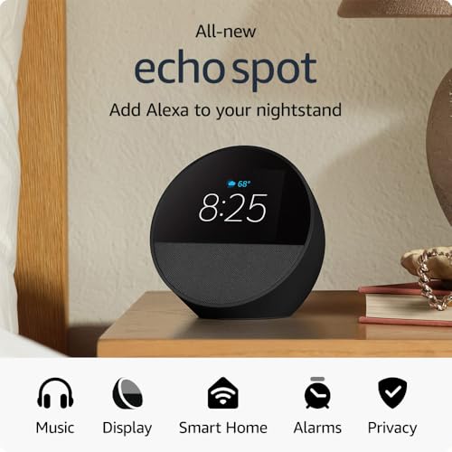 All-new Amazon Echo Spot (newest model), Great for nightstands, offices and kitchens, Smart alarm clock with Alexa, Black