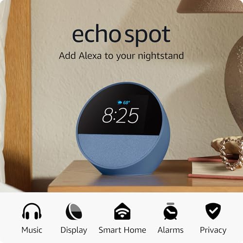 All-new Amazon Echo Spot (newest model), Great for nightstands, offices and kitchens, Smart alarm clock with Alexa, Black