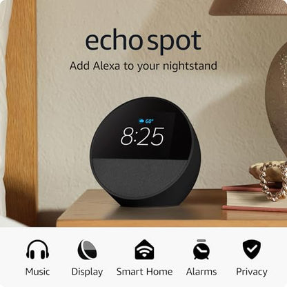 All-new Amazon Echo Spot (newest model), Great for nightstands, offices and kitchens, Smart alarm clock with Alexa, Black