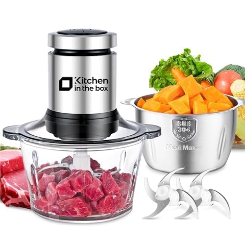 Kitchen in the box Food Processors,400W All-Copper Motor Meat Grinder & Food Chopper - Electric Vegetable Chopper with 2 Bowls(8 Cup+8 Cup) & 2 Bi-Level Blades for Meat/fish/Vegetable/Baby Food