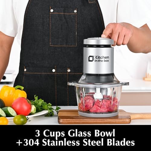 Kitchen in the box Mini Food Processors,400W Powerful Mini Meat Grinder & Food Chopper,Electric Vegetable Chopper with One 3 Cup Bowl & S Blades for Meat/Fish/Vegetable/Baby Food,3cup(1bowl)