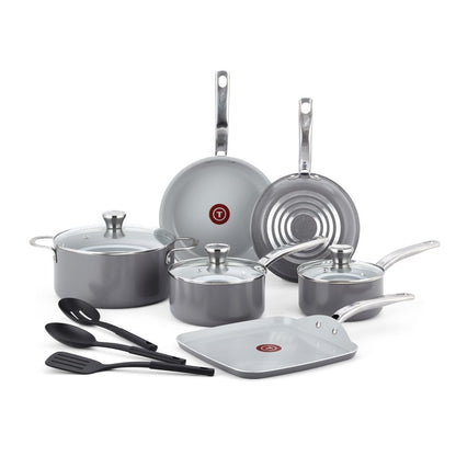 T-fal Fresh Gourmet Recycled Ceramic Non Stick Cookware Set 12 Piece, Oven Broiler Safe 500F, Lid Safe 350F, Kitchen Cooking Set W/ Fry Pans, Saucepans, Dutch Oven, Utensils, Pots and Pans Set, Grey