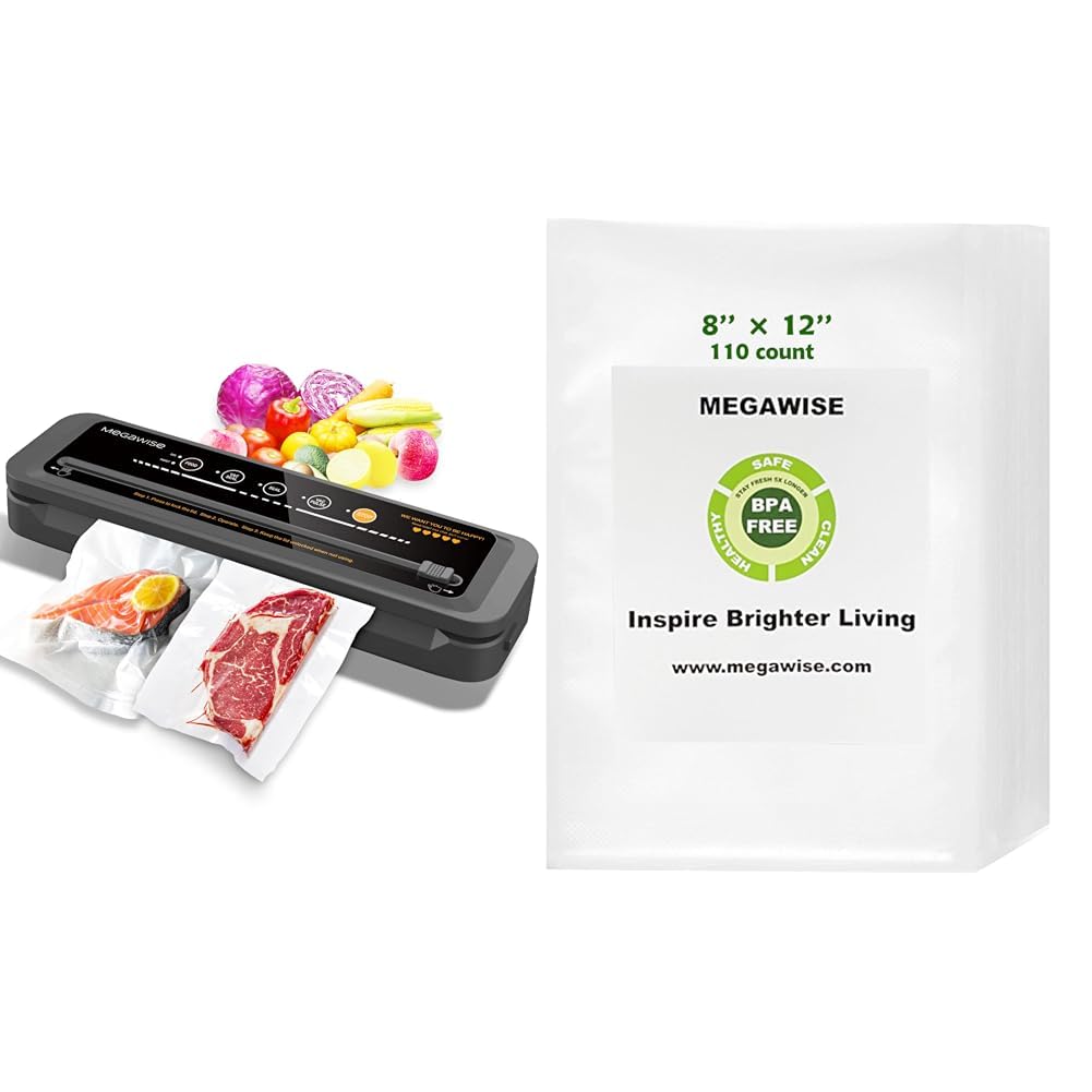 MegaWise Vacuum Sealer Machine | 80kPa Suction Power| Bags and Cutter Included & Vacuum Sealer Bags (8''x 12''-110pcs)