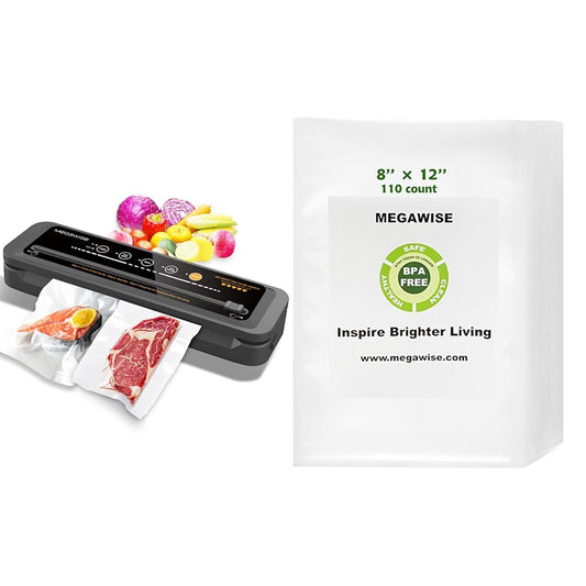 MegaWise Vacuum Sealer Machine | 80kPa Suction Power| Bags and Cutter Included & Vacuum Sealer Bags (8''x 12''-110pcs)