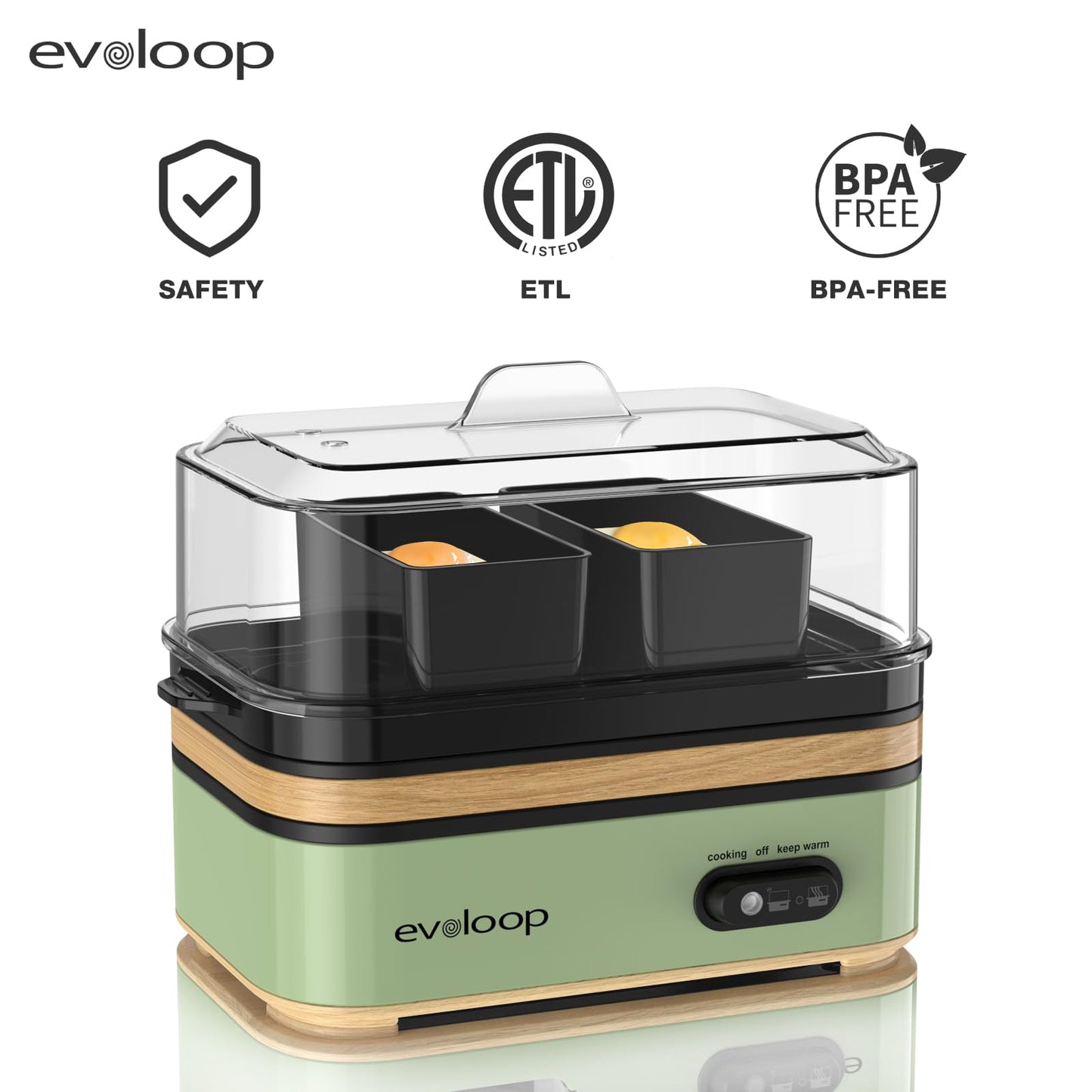 Evoloop Rapid Egg Cooker Electric 6 Eggs Capacity, Soft, Medium, Hard Boiled, Poacher, Omelet Maker Egg Poacher With Auto Shut-Off, BPA Free (Green)