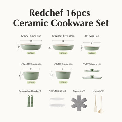 Redchef 16pcs Ceramic Pots and Pans Set Non Stick, Nonstick Ceramic Cookware Set with Detachable Handle, Non Toxic, PFAS PFOA & PTFE Free RV Cookware for Camping, Dishwasher/Oven Safe (Green)