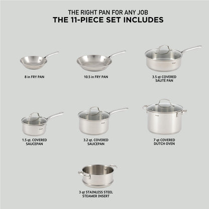 T-fal Gourmet Stainless Steel Cookware Set 11 Piece, Induction, Oven Broiler Safe 500F, Kitchen Cooking Set w/ Fry Pans, Saucepans, Sautepan, Dutch Oven, Steamer, Pots and Pans, Dishwasher Safe Silver