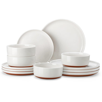 MALACASA Plates and Bowls Sets, 12 Pieces Modern Stoneware Dinnerware Set for 4 Kitchen Dinner Set Ceramic Dishware Dishes Set Microwave and Dishwasher Safe, White, Series TARA