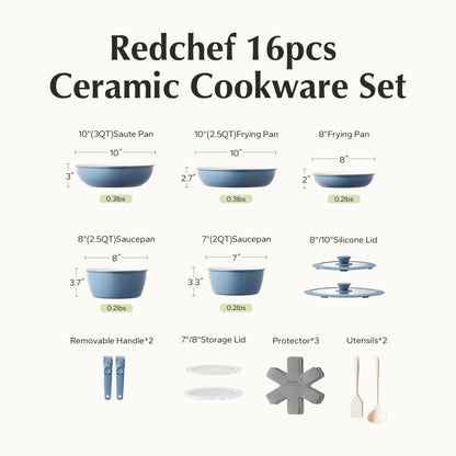 Redchef 16pcs Ceramic Nonstick Pots and Pans Set, Kitchen Cookware Set with Removable Handle, Non Toxic Cookware Set, PFAS PFOA & PTFE Free, RV Ceramic Cookware Set for Camping, Dishwasher/Oven Safe