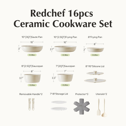 Redchef Ceramic Pots and Pans Set, Nonstick Kitchen Cookware Set with Detachable Handle, Non Toxic Cookware Set 16pcs, PFAS PFOA & PTFE Free, RV Ceramic Cookware Set for Camping, Dishwasher/Oven Safe