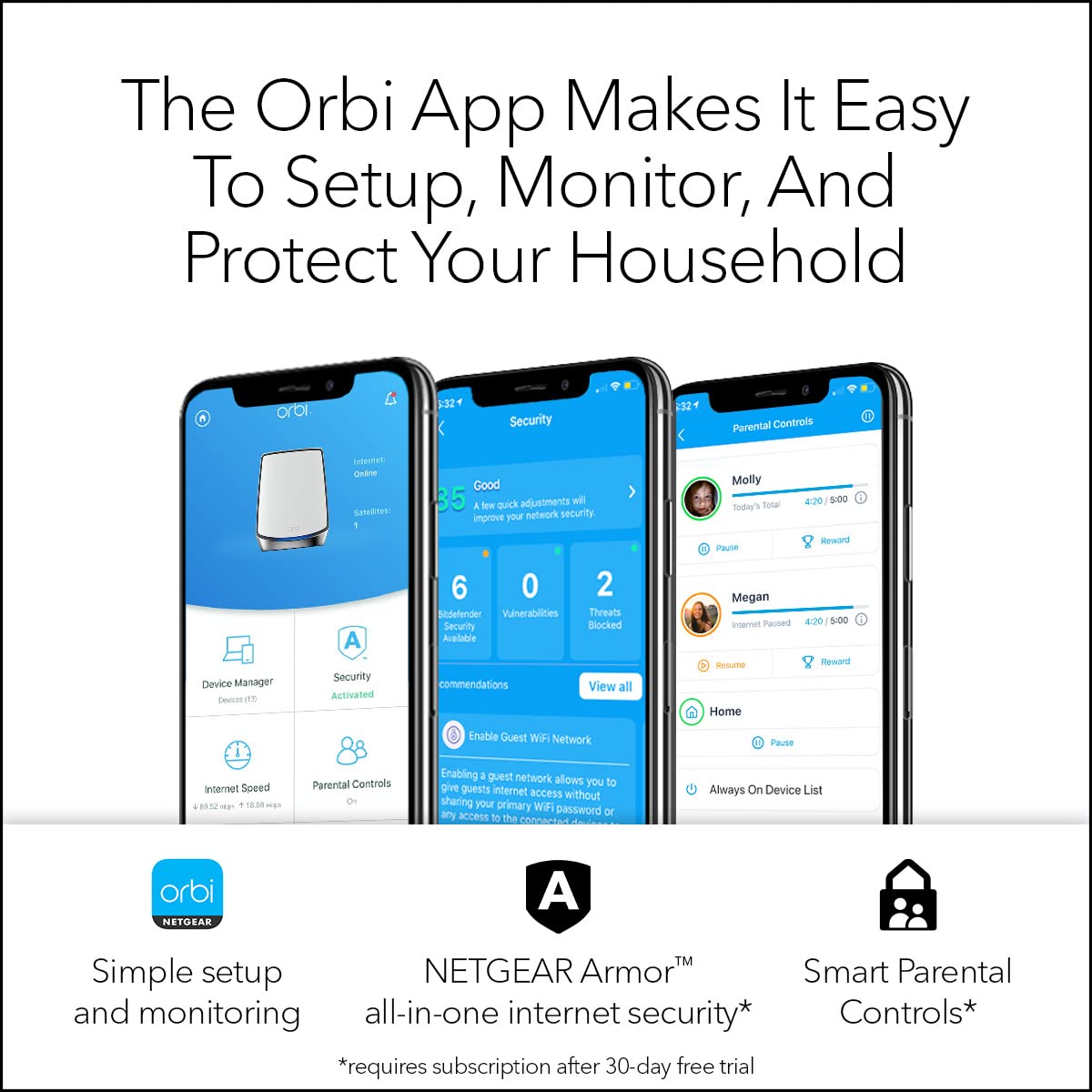 NETGEAR Orbi 970 Series Quad-Band WiFi 7 Mesh Network System (RBE973S), Router + 2 Satellite Extenders, Security Features, Up to 27Gbps, Covers Up to 10,000 sq. ft., 200 Devices, 10 Gig Internet Port