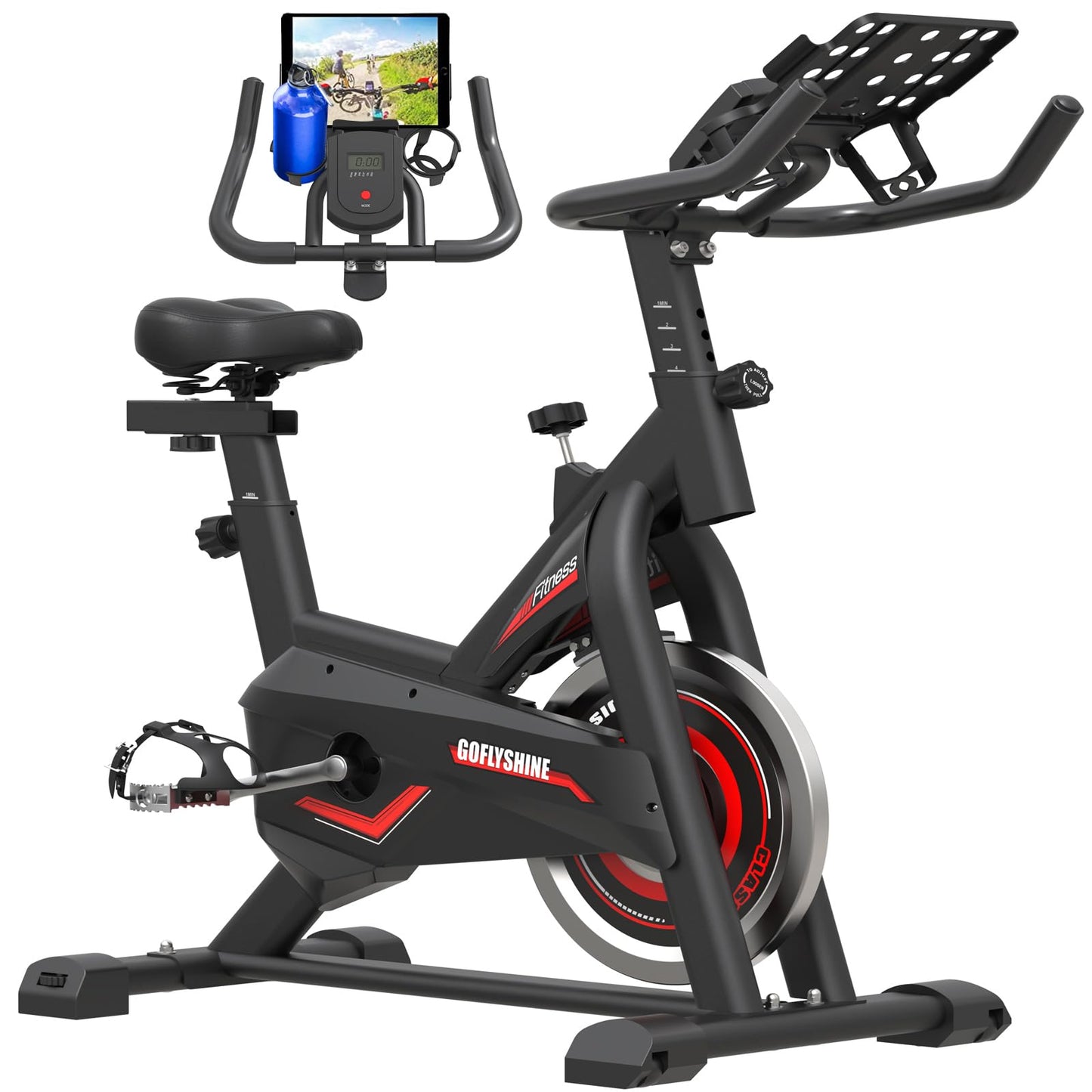 GOFLYSHINE Exercise Bikes Stationary,Exercise Bike for Home Indoor Cycling Bike for Home Cardio Gym,Workout Bike with pad Mount & LCD Monitor,Silent Belt Drive (Black-red)