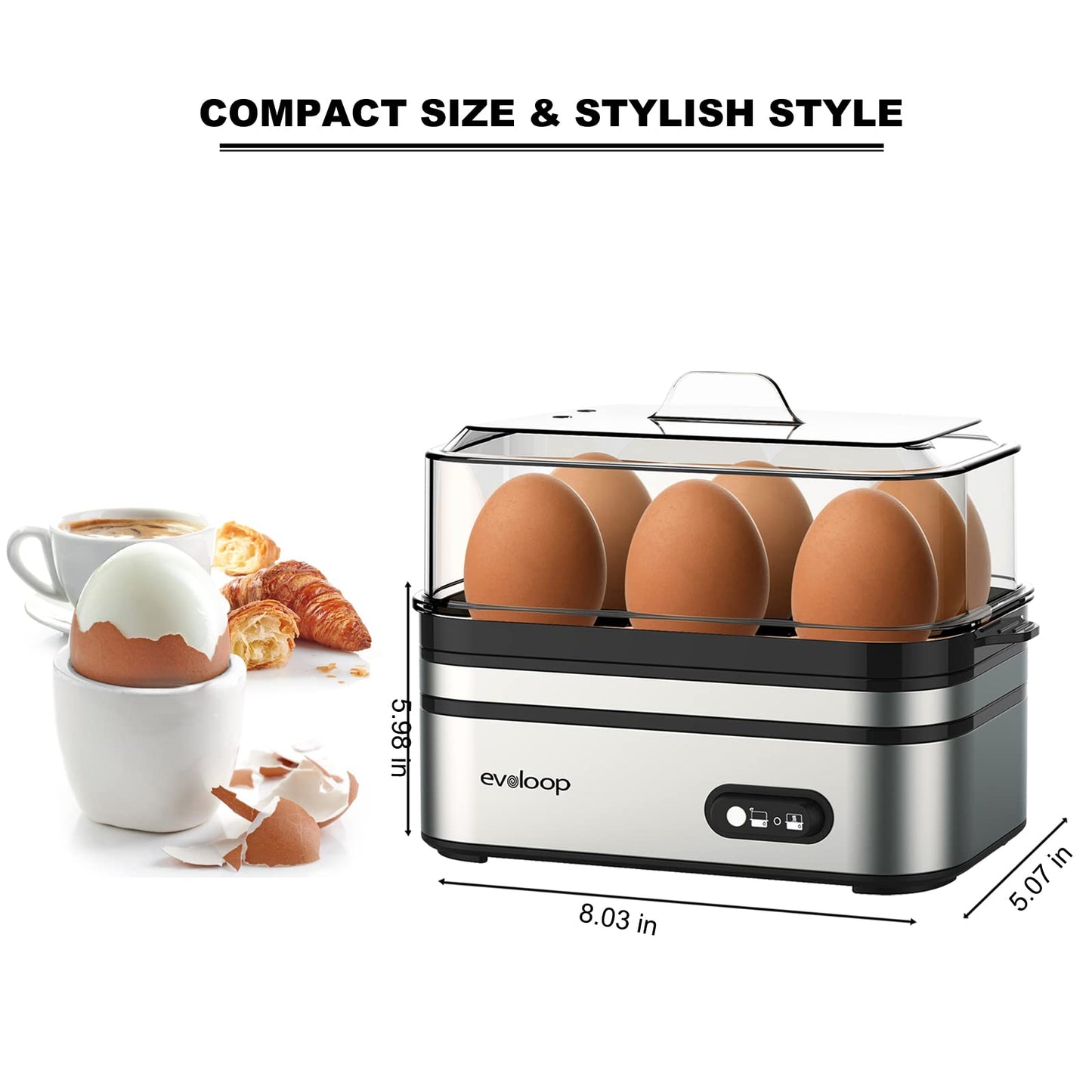 Evoloop Rapid Egg Cooker Electric 6 Eggs Capacity, Soft, Medium, Hard Boiled, Poacher, Omelet Maker Egg Poacher With Auto Shut-Off, BPA Free