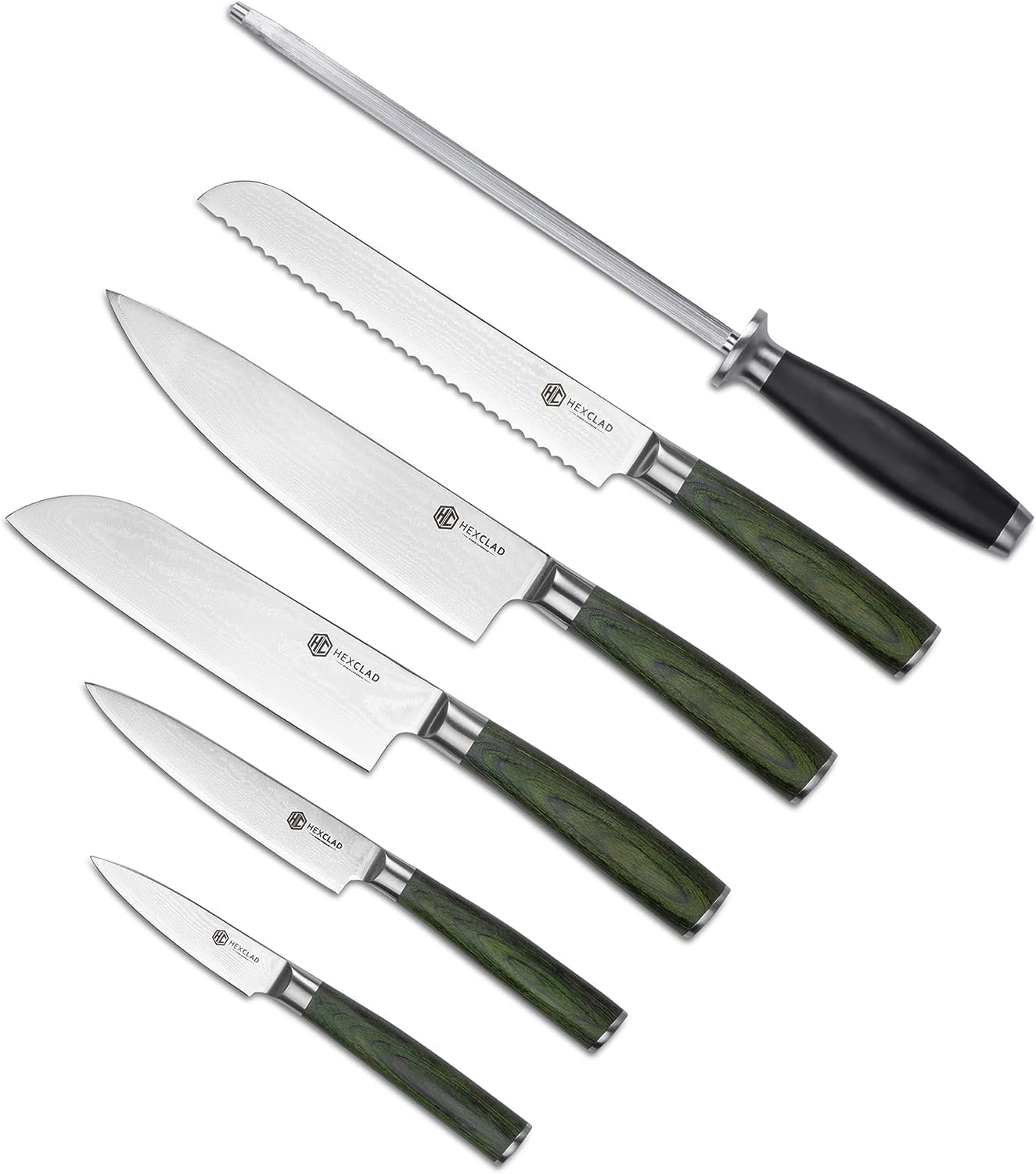 HexClad Essential Knife Set, 6-Piece, Japanese Damascus Stainless Steel Blades, Full Tang Construction, Pakkawood Handles