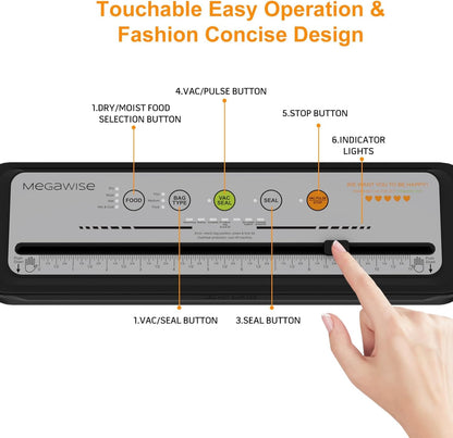 MEGAWISE 2025 Powerful Vacuum Sealer Machine | Compact Design | One-Touch Automatic | Seal in 10-20 Seconds | Dry, Moist, Wet, and Cold Modes | With 10 Vacuum Bags & Built-in Cutter (Grey)