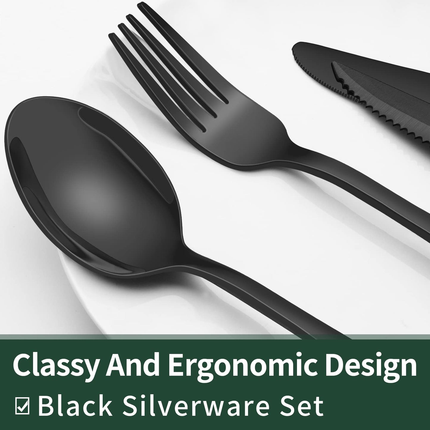 24-Piece Black Silverware Set with Steak Knives, Black Flatware Set for 4, Food-Grade Stainless Steel Tableware Cutlery Set, Mirror Finished Utensil Sets for Home Restaurant