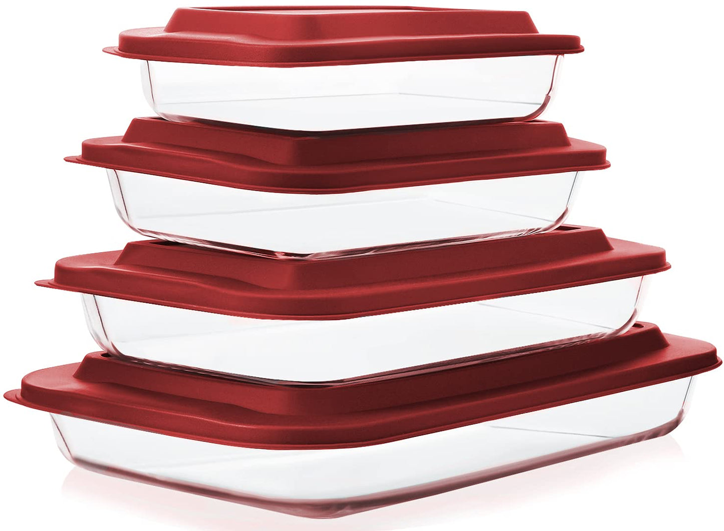 8-Piece Deep Glass Baking Dish Set with Plastic lids,Rectangular Glass Bakeware Set with Lids, Baking Pans for Lasagna, Leftovers, Cooking, Kitchen, Freezer-to-Oven and Dishwasher, Red