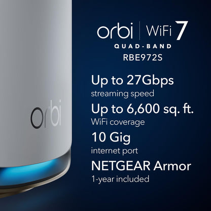 NETGEAR Orbi 970 Series Quad-Band WiFi 7 Mesh Network System (RBE973S), Router + 2 Satellite Extenders, Security Features, Up to 27Gbps, Covers Up to 10,000 sq. ft., 200 Devices, 10 Gig Internet Port