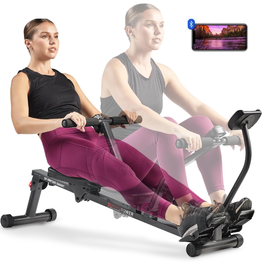 Sunny Health & Fitness Smart Compact Adjustable Rowing Machine, 12 Levels Adjustable Resistance, Complete Body Workout, Connect via Bluetooth with Exclusive SunnyFit App - SF-RW1205SMART