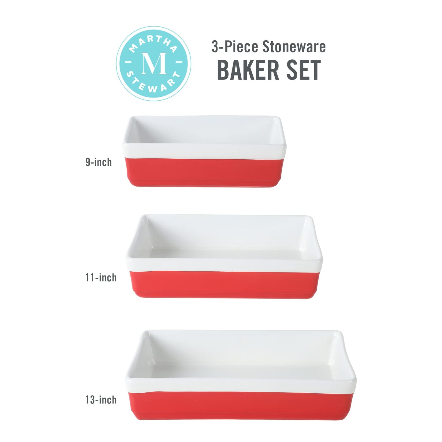 MARTHA STEWART 3 Piece Oven to Table Stoneware Bakeware, Baking Dish & Casserole Set - Red