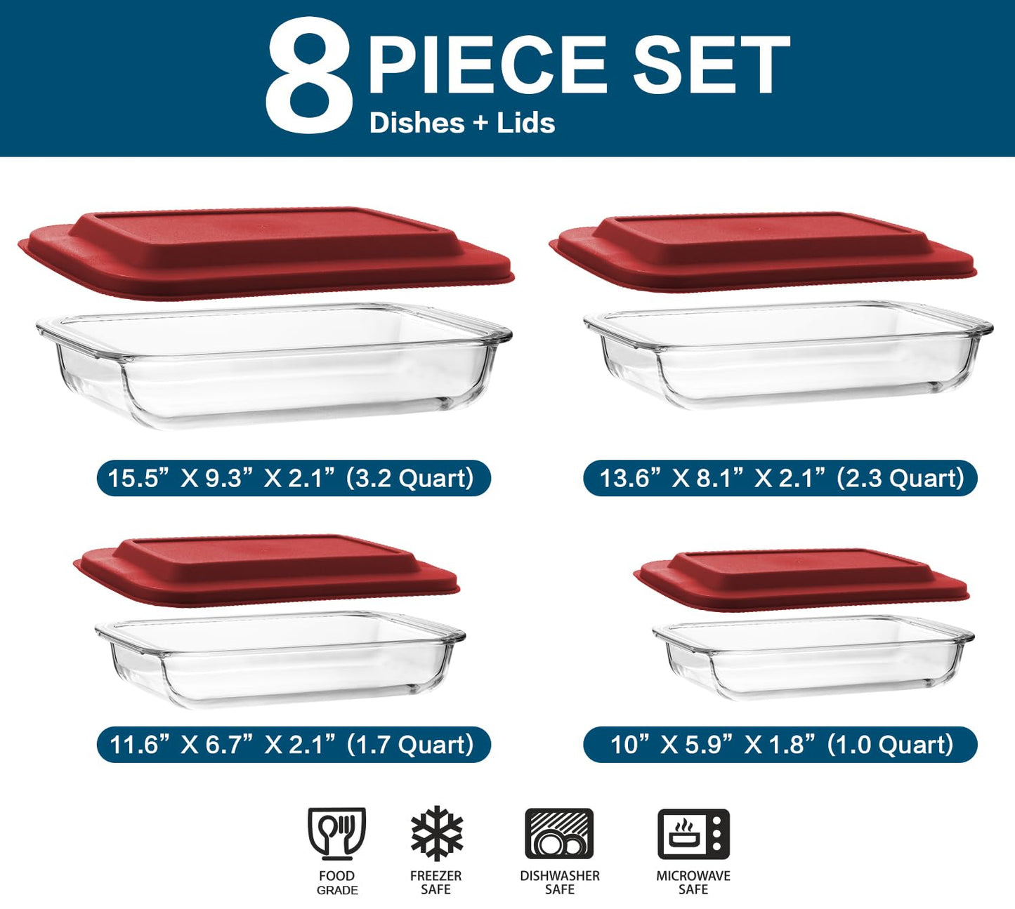 8-Piece Deep Glass Baking Dish Set with Plastic lids,Rectangular Glass Bakeware Set with Lids, Baking Pans for Lasagna, Leftovers, Cooking, Kitchen, Freezer-to-Oven and Dishwasher, Red