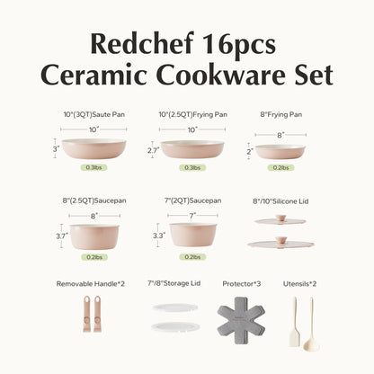 Redchef 16pcs Ceramic Pots and Pans Set Non Stick, Nonstick Kitchen Cookware Set with Detachable Handle, Non Toxic, PFAS PFOA & PTFE Free, RV Cookware Set for Camping, Dishwasher/Oven Safe (Pink)