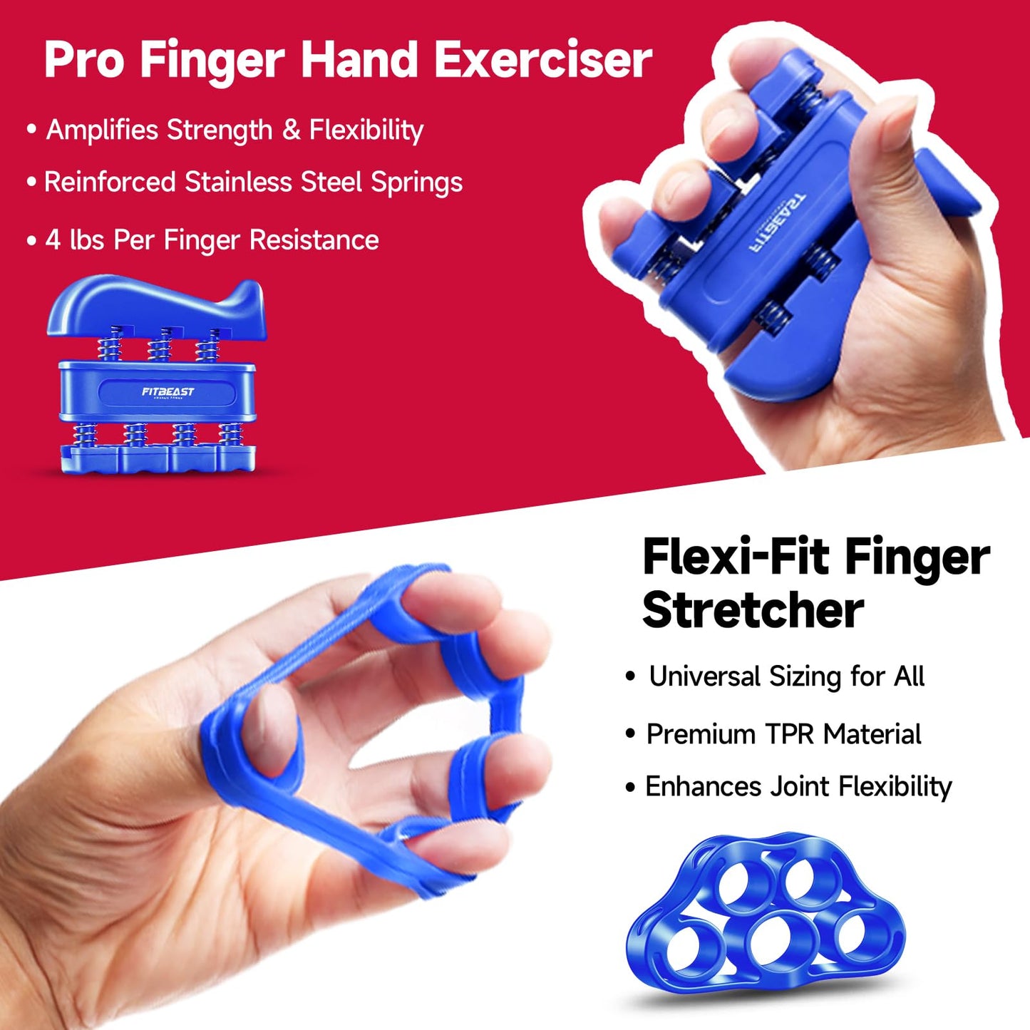 Hand Grip Strengthener Workout Kit (5 Pack) FitBeast Forearm Grip Adjustable Resistance Hand Gripper, Finger Exerciser, Finger Stretcher, Grip Ring & Stress Relief Grip Ball for Athletes (Navy Blue)