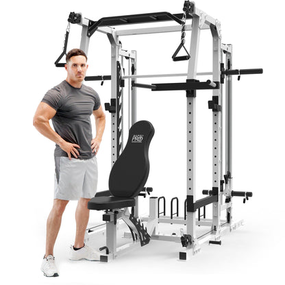 Marcy 3 in 1 Smith Machine Home Gym System with Upper and Lower Dual Cable Crossovers and Adjustable Bench for Full Body Training, Black