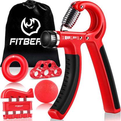 Hand Grip Strengthener Workout Kit (5 Pack) FitBeast Forearm Grip Adjustable Resistance Hand Gripper, Finger Exerciser, Finger Stretcher, Grip Ring & Stress Relief Grip Ball for Athletes (Red)