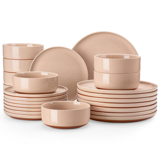 MALACASA Plates and Bowls Sets, 24 Pieces Modern Ceramic Dinnerware Set for 8 Kitchen Dinner Set Stoneware Dishware Dishes Set Microwave and Dishwasher Safe, Pink, Series TARA