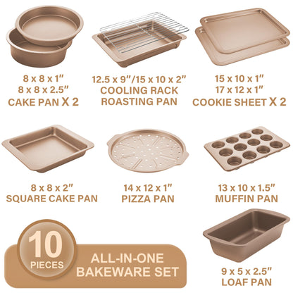 HONGBAKE Bakeware Sets, Baking Pans Set, Nonstick Oven Pan for Kitchen with Wider Grips, 10-Piece Including Rack, Cookie Sheet, Cake Pans, Loaf Pan, Muffin Pan, Pizza Pan - Champagne Gold