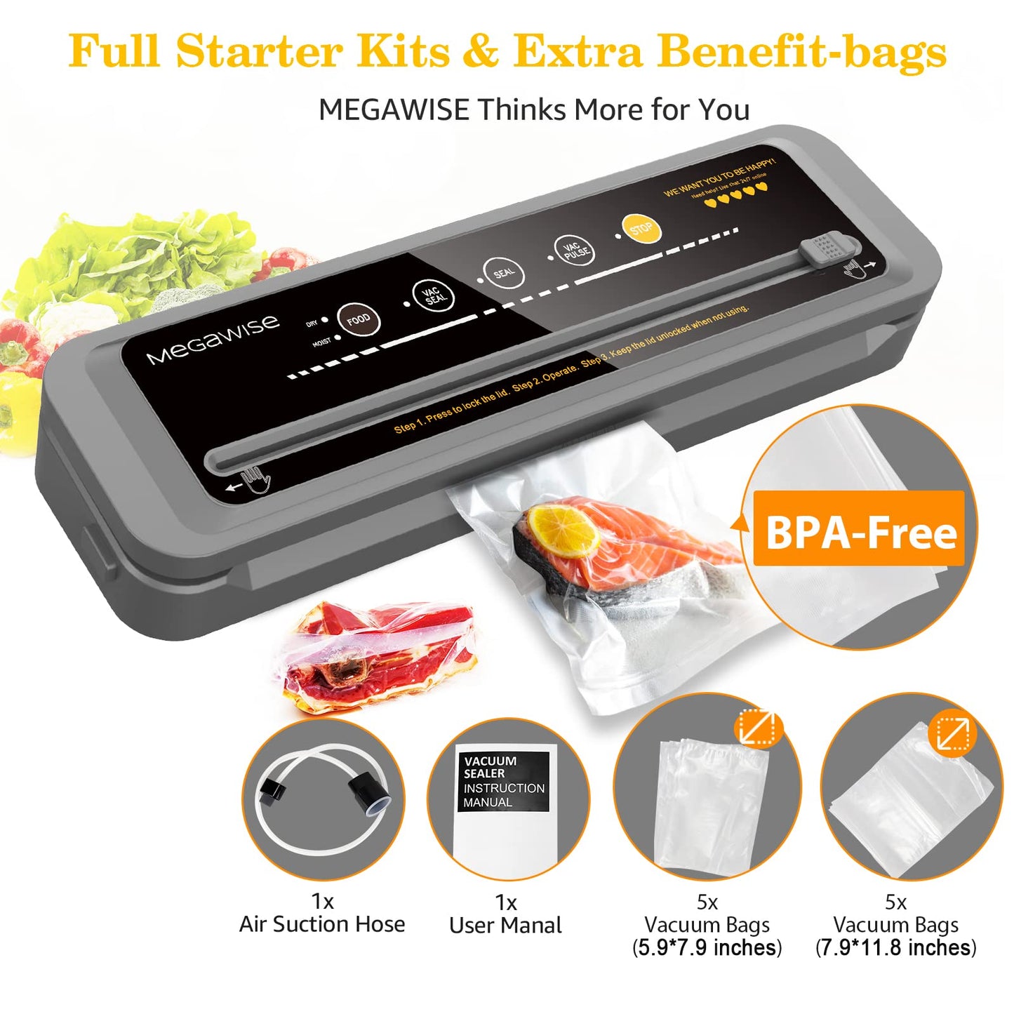 MegaWise Vacuum Sealer Machine | 80kPa Suction Power| Bags and Cutter Included | Compact One-Touch Automatic Food Sealer with External Vacuum System | Dry Moist Fresh Modes for All Saving needs