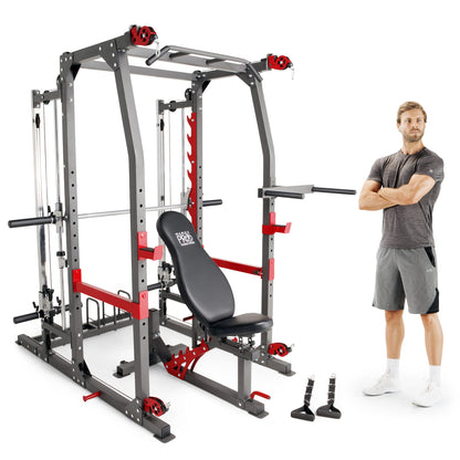 Marcy 3 in 1 Smith Machine Home Gym System with Upper and Lower Dual Cable Crossovers and Adjustable Bench for Full Body Training, Black