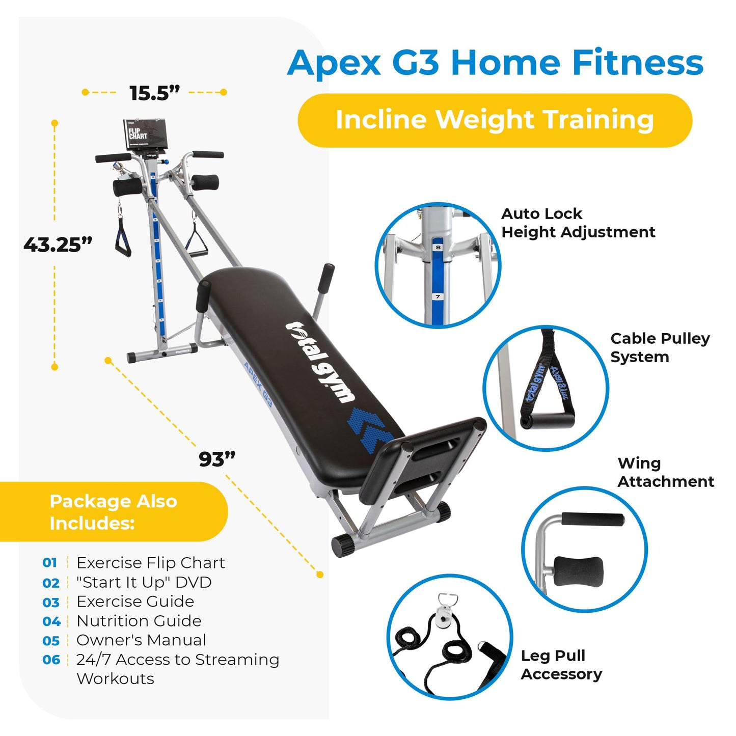 Total Gym Incline Weight Trainer Equipment APEX G3 w/ 8 Resistance Levels for Home Workout