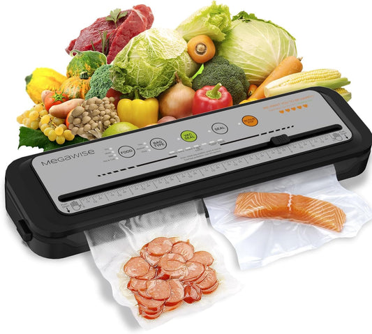 MEGAWISE 2025 Powerful Vacuum Sealer Machine | Compact Design | One-Touch Automatic | Seal in 10-20 Seconds | Dry, Moist, Wet, and Cold Modes | With 10 Vacuum Bags & Built-in Cutter (Grey)