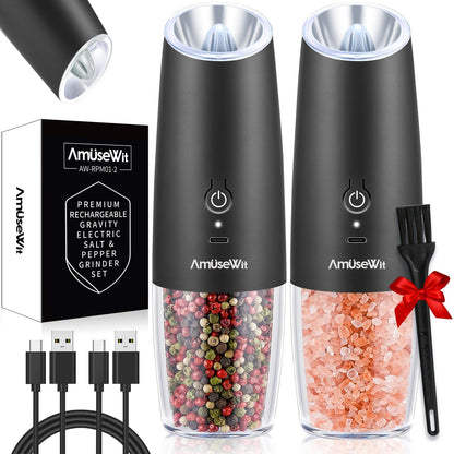 AmuseWit Gravity Electric Salt and Pepper Grinder Set [White Light] USB Rechargeable Automatic Pepper and Salt Mills,Adjustable Coarseness,One-Handed Operation,Matte Black