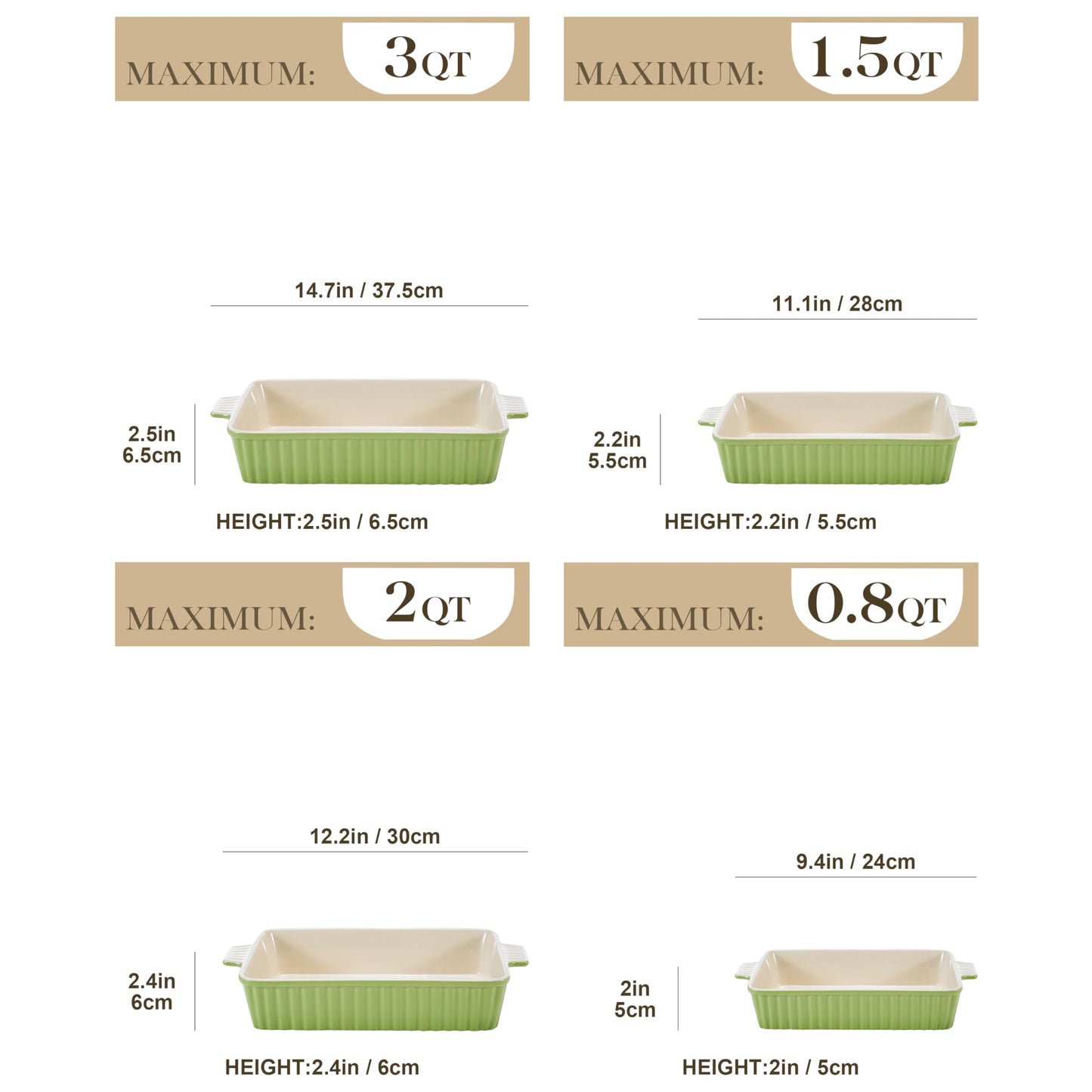 MALACASA Bakeware Set of 4, Porcelain Baking Pans Set for Oven, Casserole Dish, Ceramic Rectangular Baking Dish Lasagna Pans for Cooking Cake Kitchen, Green (9.4"/11.1"/12.2"/14.7"), Series BAKE.BAKE