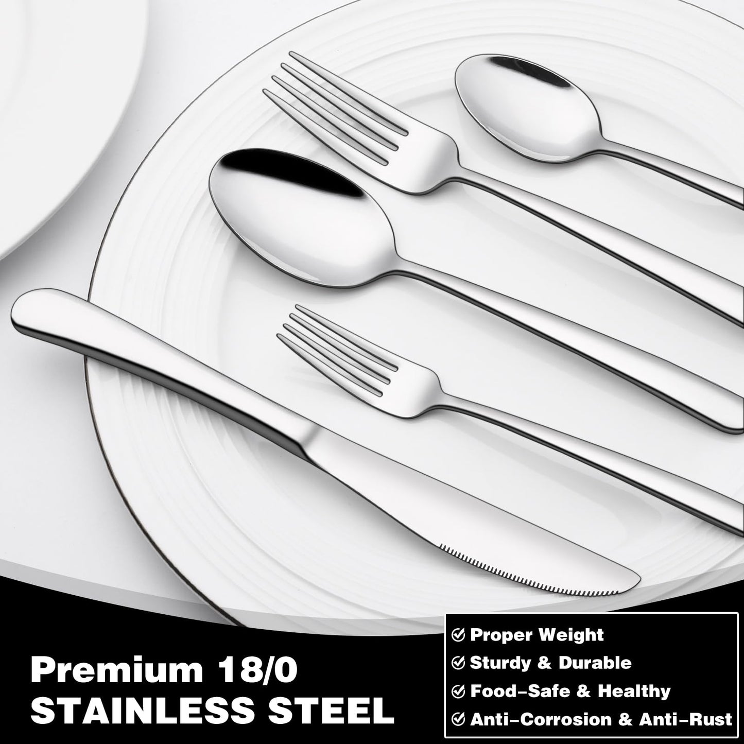 40-Piece Silverware Set, EWFEN Heavy Duty Stainless Steel Solid Flatware Set for 8, Food-Grade Tableware Cutlery Set, Utensil Sets for Home Restaurant, Mirror Finish, Dishwasher Safe