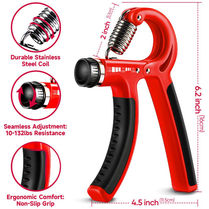 Hand Grip Strengthener Workout Kit (5 Pack) FitBeast Forearm Grip Adjustable Resistance Hand Gripper, Finger Exerciser, Finger Stretcher, Grip Ring & Stress Relief Grip Ball for Athletes (Red)