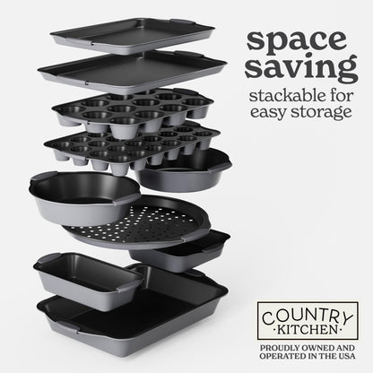 Country Kitchen Nonstick Stackable Bakeware Set - Durable, Easy Release Baking Set, Gray, 10 Pcs