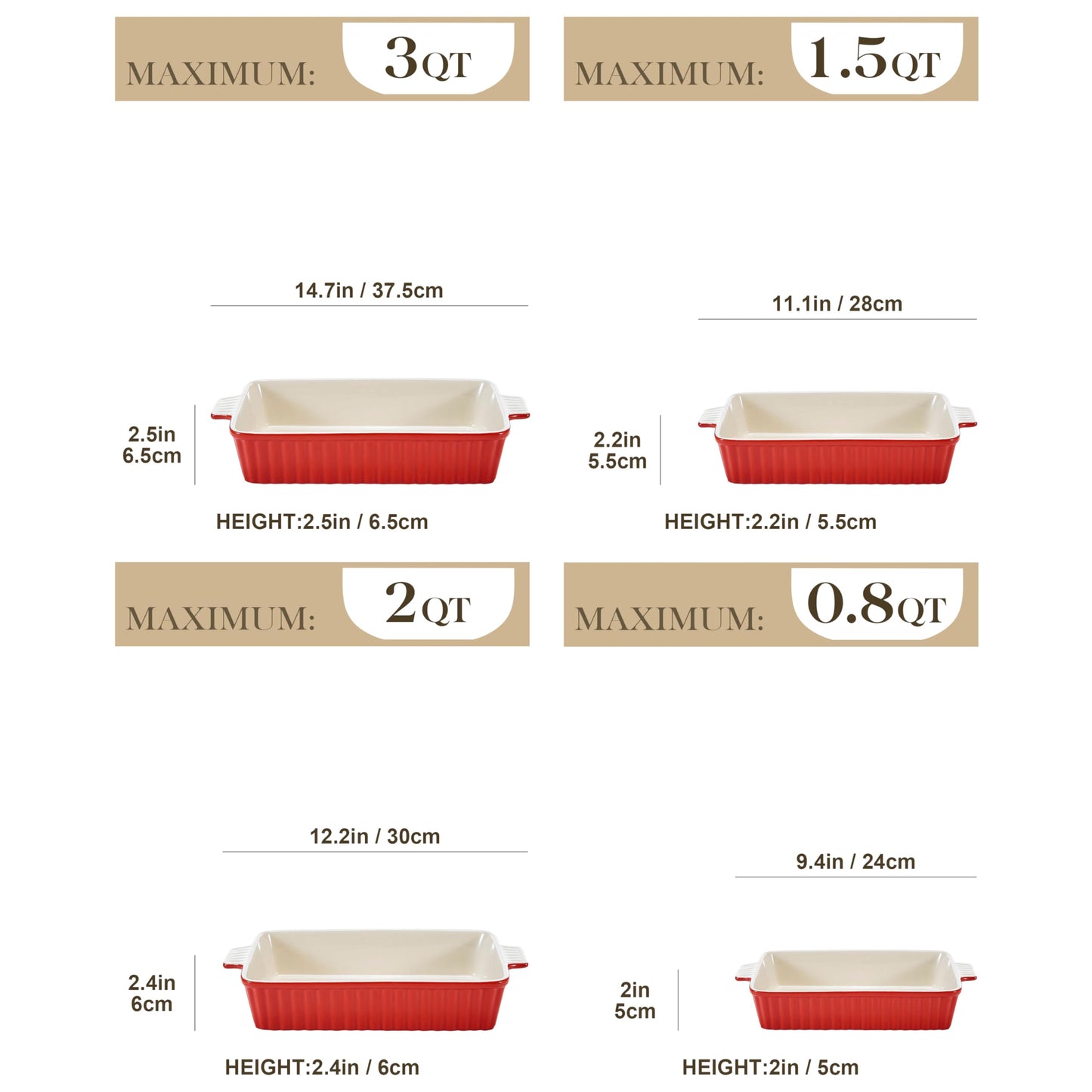 Bakeware Set of 4, MALACASA Porcelain Baking Pans Set for Oven, Casserole Dish, Ceramic Rectangular Baking Dish Lasagna Pans for Cooking Cake Pie Dinner Kitchen, Red (9.5"/11.25"/12.75"/14.5")