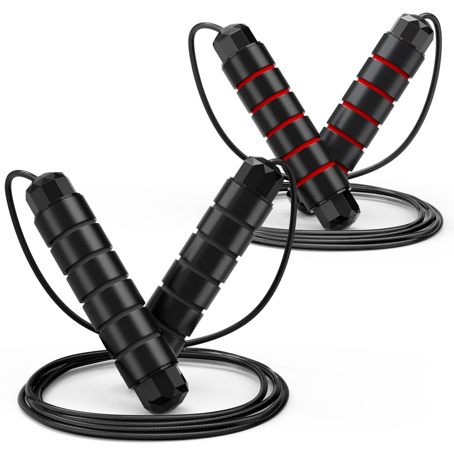 Jump Rope, Tangle-Free Rapid Speed Cable with Ball Bearings for Women, Men, and Kids, Adjustable Steel Workout with Foam Handles for Fitness, Home Exercise & Slim Body (Black+Red).