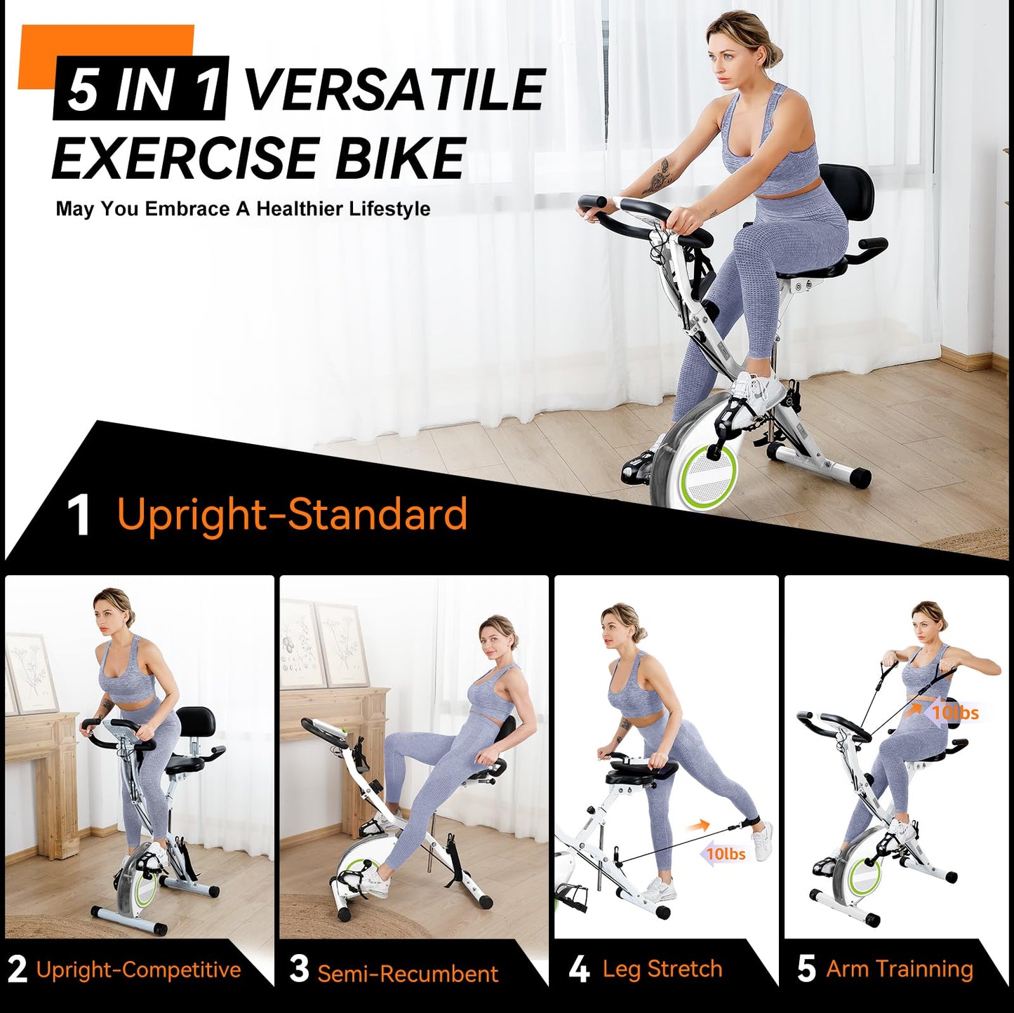 Foldable Exercise Bike Stationary Bikes for Home, 5 IN 1 Indoor Workout Bike for Seniors, with 16-Level Quiet Magnetic Resistance, 5.5 LBS Flywheel and 300LBS Capacity, 2025 Designed 817 X-bike White