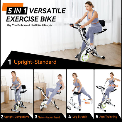 Foldable Exercise Bike Stationary Bikes for Home, 5 IN 1 Indoor Workout Bike for Seniors, with 16-Level Quiet Magnetic Resistance, 5.5 LBS Flywheel and 300LBS Capacity, 2025 Designed 817 X-bike White